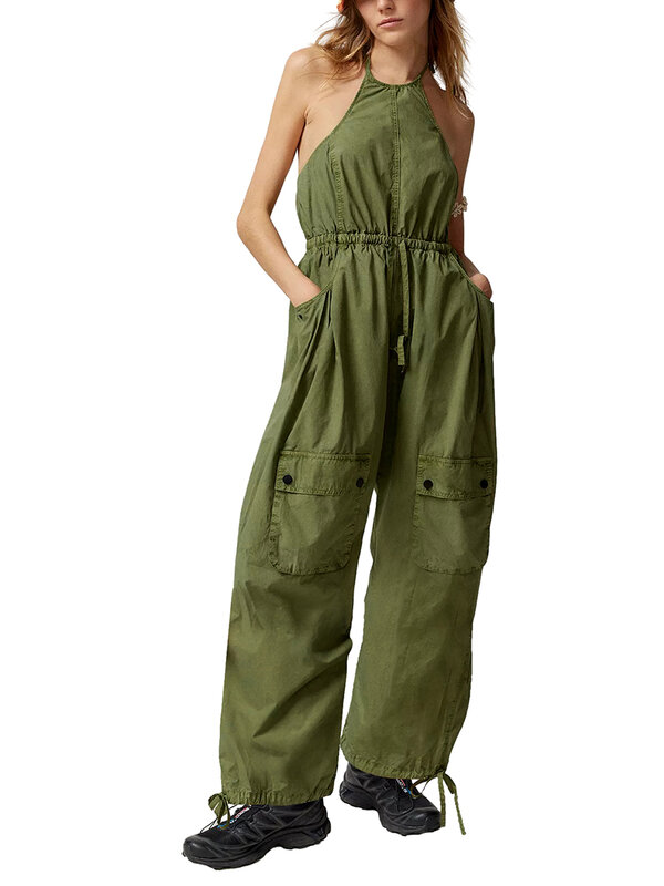 Women s Sleeveless Halter Jumpsuits Tied Backless High Waist Belted Wide Leg Pants Elegant Rompers with Pockets