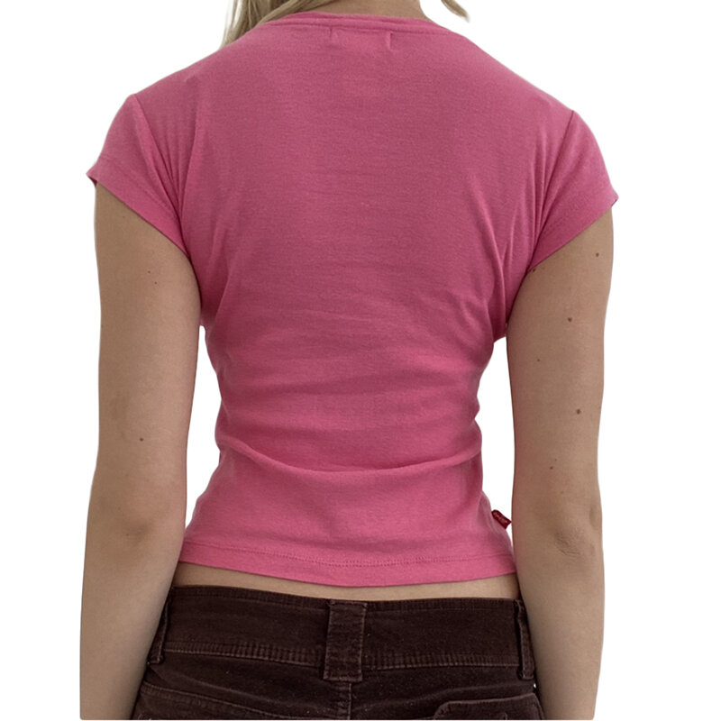 Kaus Cetak Antik Wanita \ U2019s Kaus Lengan Pendek Kasual Atasan Slim Fit Pusar Y2k Leher Bulat Terbuka