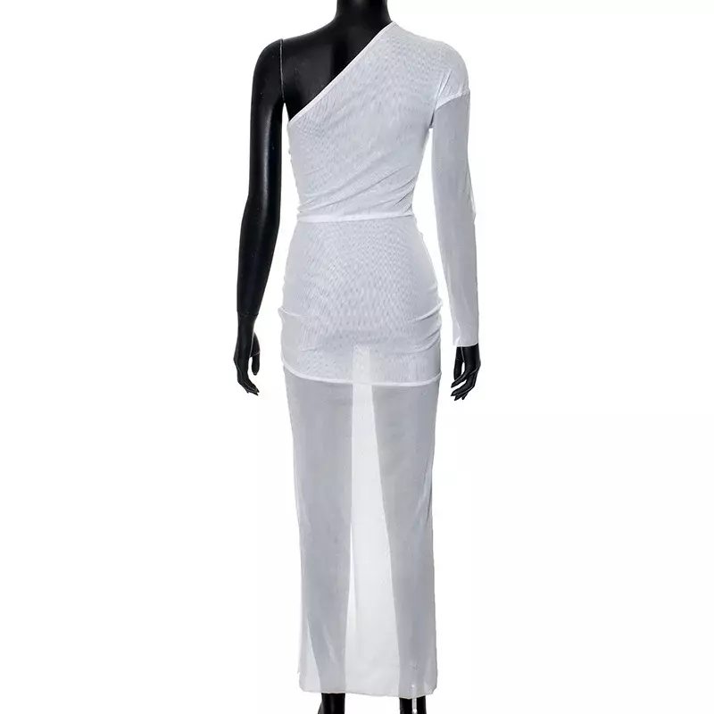 Seksowna przezroczysta siateczka sukienka typu Bodycon Maxi damska na jedno ramię z długim rękawem marszczony wysoki smukła odzież klubowa strój urodzinowy