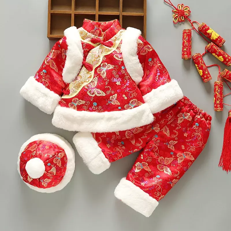 ชุด3ชิ้นชุดทารกแรกเกิดแบบจีนดั้งเดิมชุดจีนปีใหม่เสื้อผ้าหนาปักฤดูหนาวของขวัญเทศกาลวันเกิด