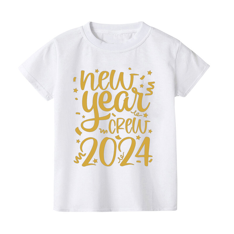 2024 새해 크루 키즈 티셔츠, 남아 여아 옷, 유아 새해 파티 선물, 여아 반팔 셔츠, 남아 티셔츠 상의