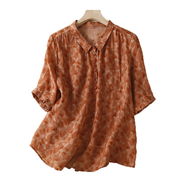 花柄のヴィンテージスタイルのリネンブラウス,半袖シャツ,ポケット付きのシングルコットンとリネンのブラウス,夏のファッション,ラペル,5922