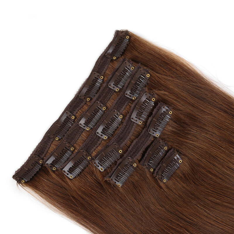 Brązowe włosy doczepiane Clip In 100% pasma z ludzkich włosów do wpinania brazylijskie doczepy z włosów typu Remy dla kobiet przypinane do włosów od 12 do 18 Cal #4