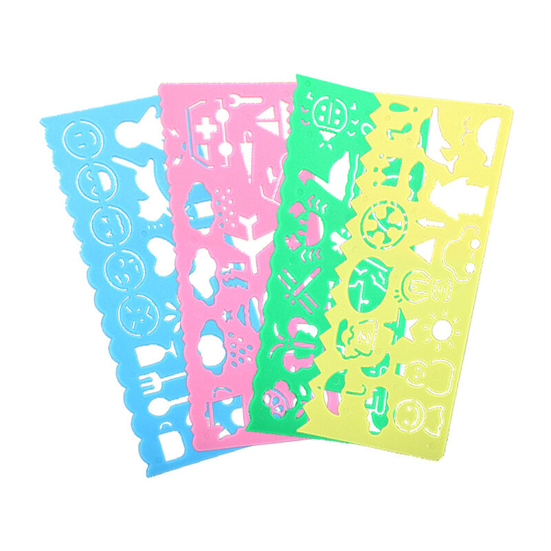컬러 어린이 소프트 플라스틱 눈금자 드로잉 보드, 오픈 워크 패턴 템플릿, 창의적인 학생 문구 파티 선물, 4 개 세트