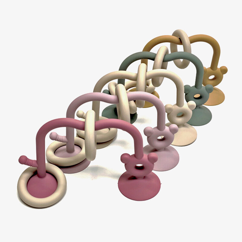 Soft Silicone Baby Teether Toys BPA Free and Bitable with Wood Ring for Desktop Adsorption Montessori Puzzle Toys Surround Kids