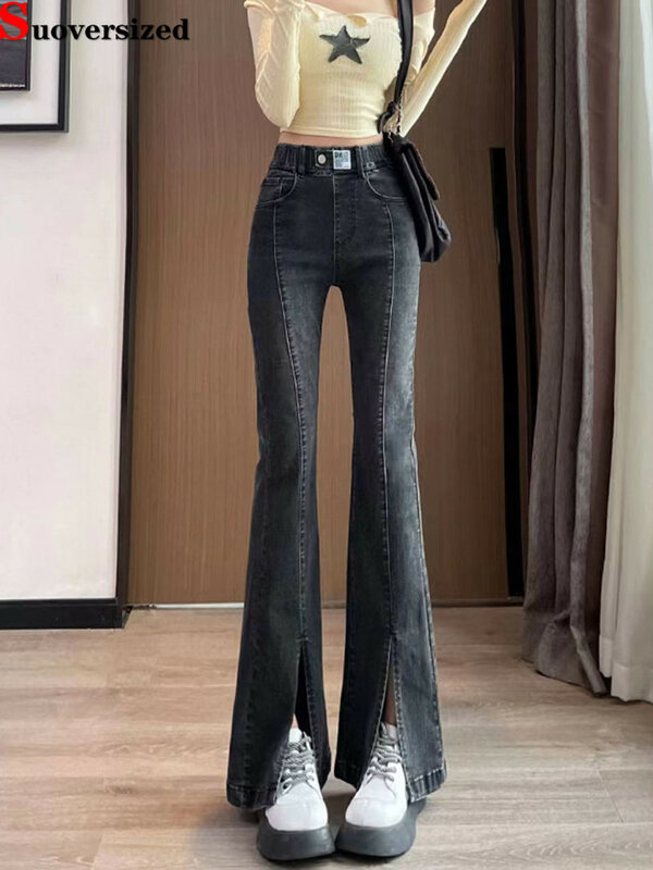 Jeans skinny de cintura alta para mulheres, jeans casual com corte de botas, calça jeans vintage, streetwear, grande strecth, flare, Coréia, 28-34
