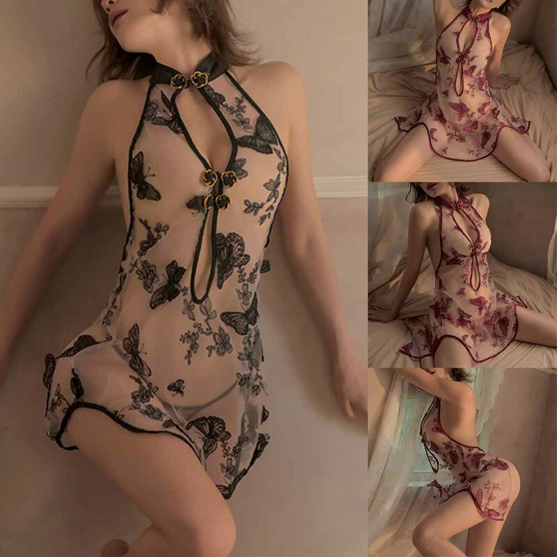 Gaun malam wanita modis seksi cetakan bunga Lingerie jaring Cheongsam tembus pandang godaan pakaian tidur Thong nyaman