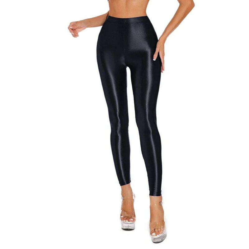 Ladies Womens Satin Glossy Stretchy Shiny Wet Look Leggings in Black High Elasticity Perfect for Yoga and Dancing M XL
