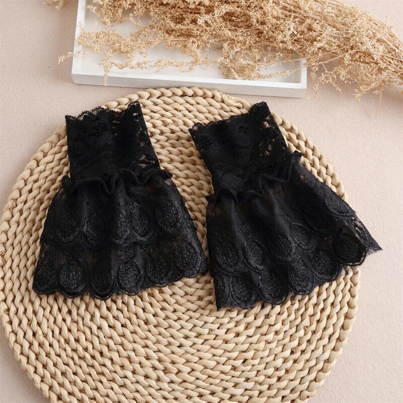 DIY Detachable Cuffs Cotton Embroidery with Lace Mesh Fake Flared Sleeves Women Pleated Flare Sleeve Ruffles Wristband Accessory