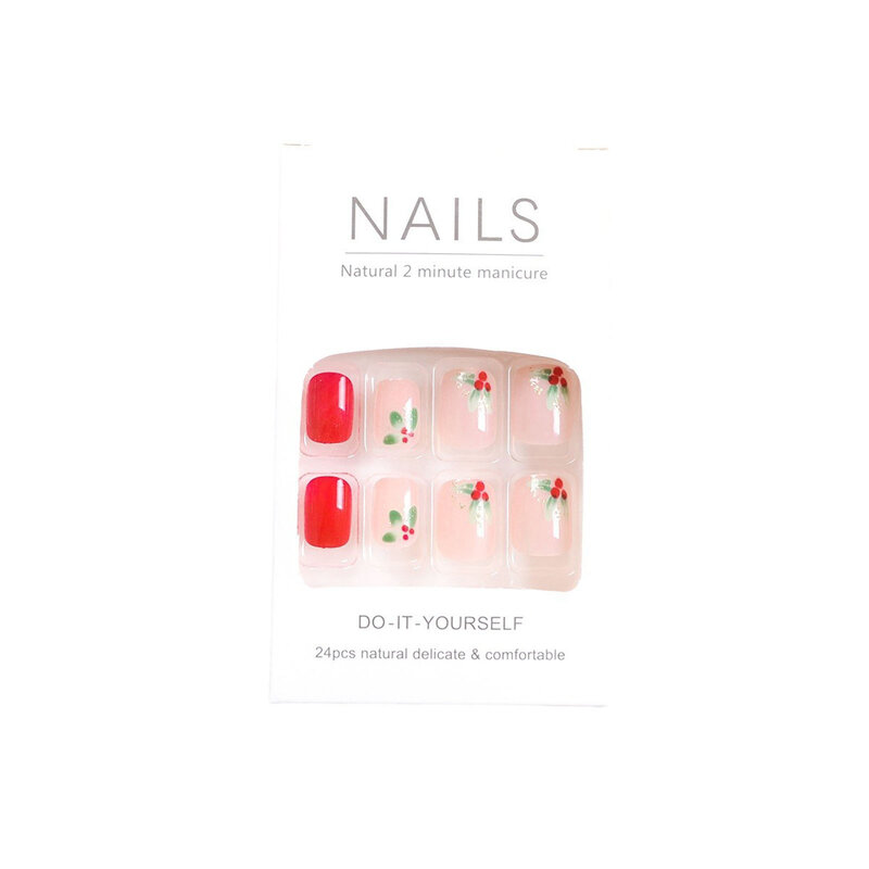 Red Press on Nails with Green Leaf Printed Easy to Apply Simple to Peel off Nails for Daily and Parties Wearing