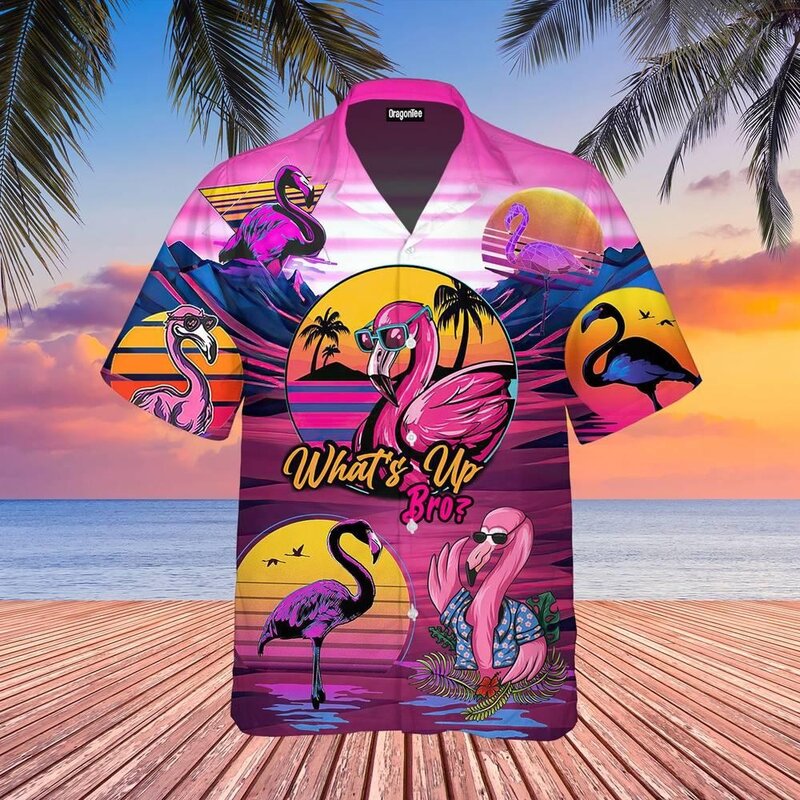 Summer Hawaiian Shirt for Men Designer 3d Printing Flamingo Short Sleeve Oversized Funny Men's Clothing Fashion Beach Harajuku