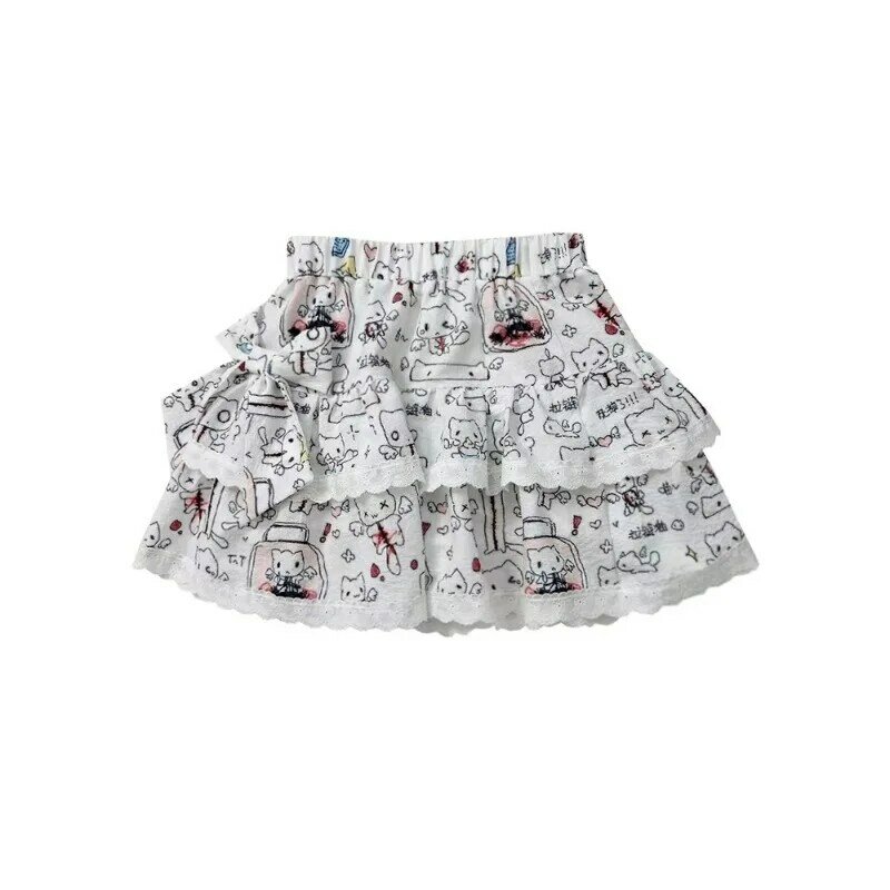 Cartoon Printed Cake Dress Female Summer Bow Lace Patchwork A Line Lace Short Skirt White Women's Lolita Japanese Skirts