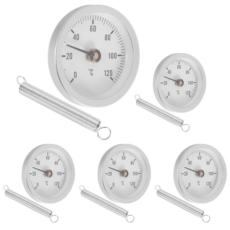 63mm Pipe Clip-on Dial Thermometer Temperature Round Plate Gauge with Spring,Range 0-120℃, Aluminum Case, 5Pcs Set