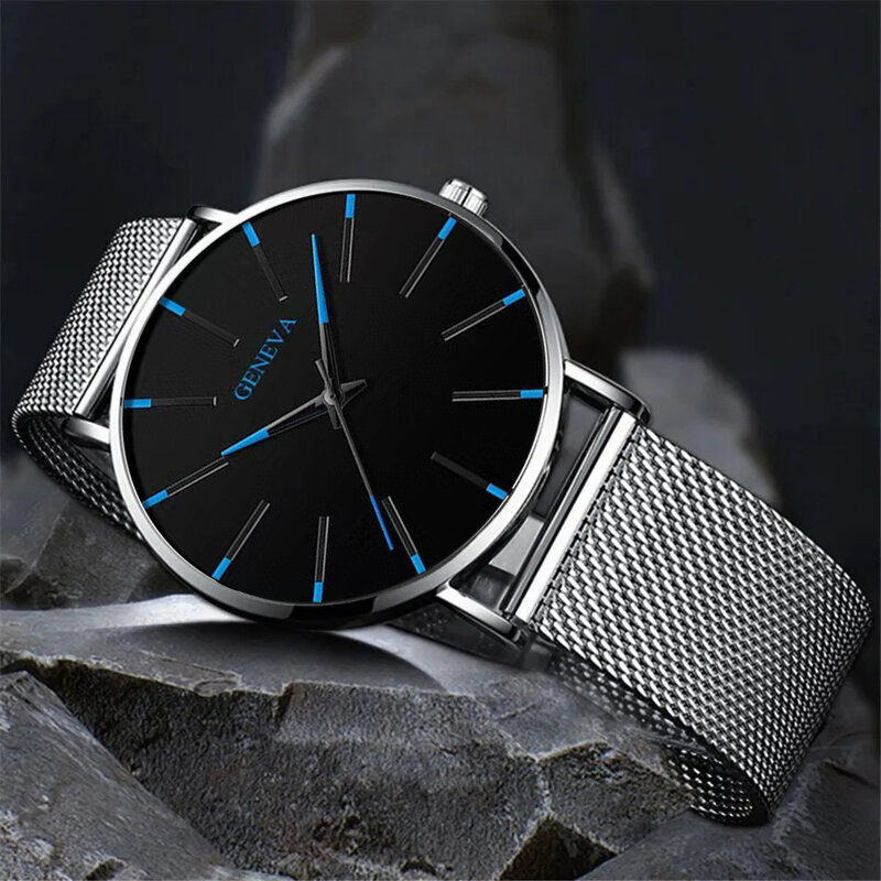 3 szt. Zestaw moda męska Ultra cienka proste zegarki męska biznes codzienna bransoletka naszyjnik siatka ze stali nierdzewnej pasek zegarek kwarcowy
