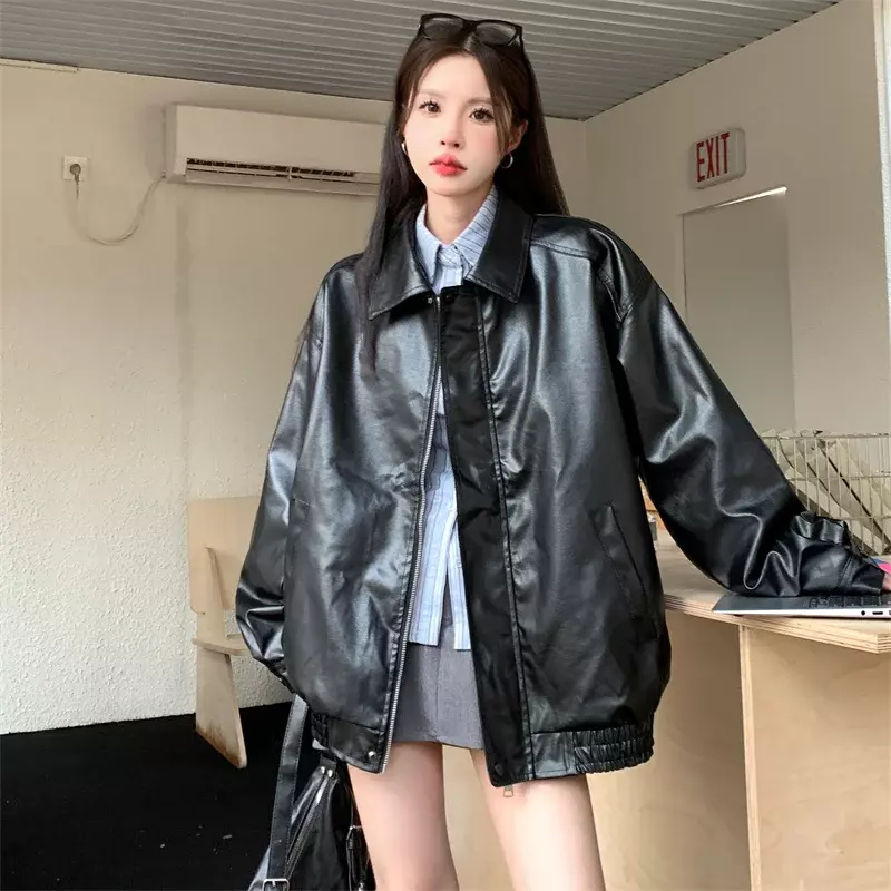 Women Faux Leather Jacket American Vintage Solid Color Pu Loose Casual Outwear Highstreet Streetwear Coats Female