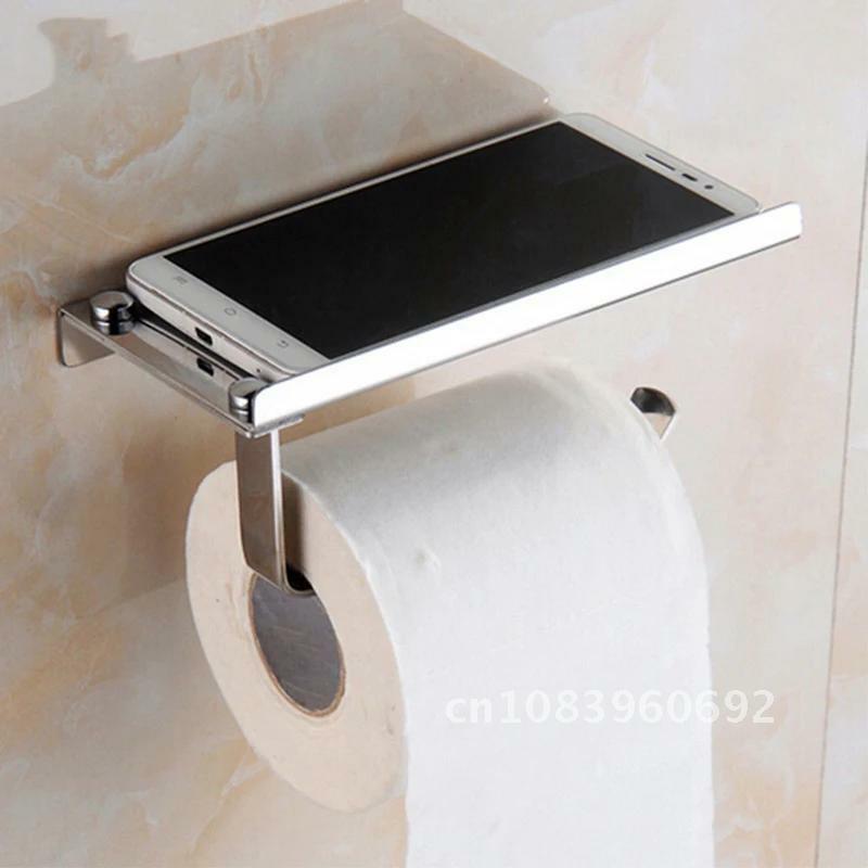 Toilet Paper Holder Wall Mount Stainless Steel Bathroom Bathroom WC Paper Phone Holder with Storage Shelf Rack