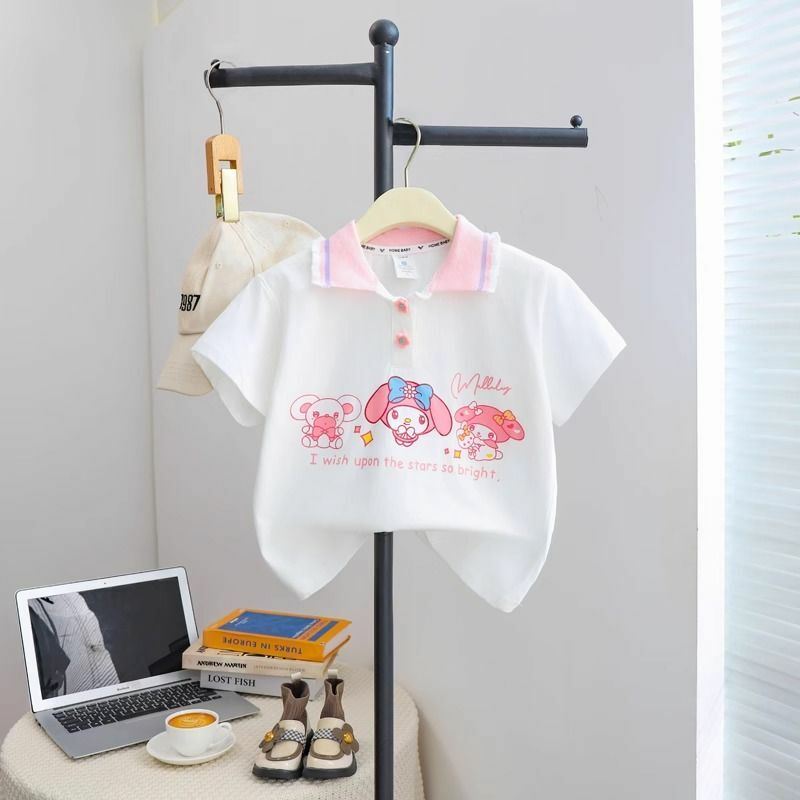 T-Shirt katun kartun anak laki-laki perempuan Anime Sanrios Kawaii My Melody Kuromi Cinnamoroll lucu atasan kerah Fashion musim panas
