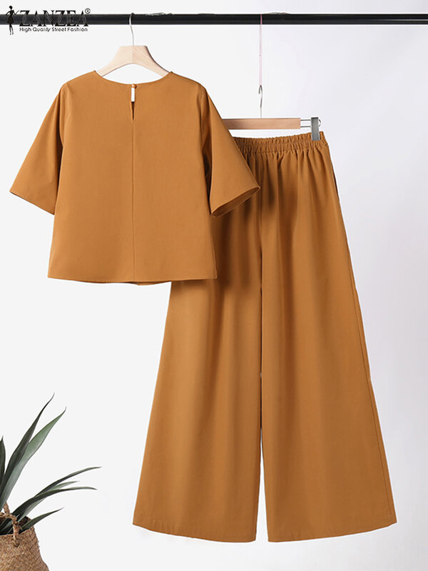 Modne 2024 ZANZEA letnie kobiety pasujące zestawy pół rękawa bluzka szerokie nogawki spodnie 2 szt. Jednolite, luźne spodnie robocze dresy