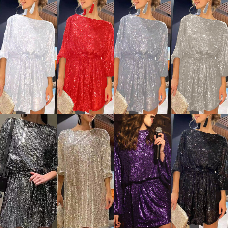Fashion Sparkly Short Party Dress For Women 2024 New Sequins Long Sleeve Female Clothes Lace-up O-neck Loose Ladies Prom Dresses
