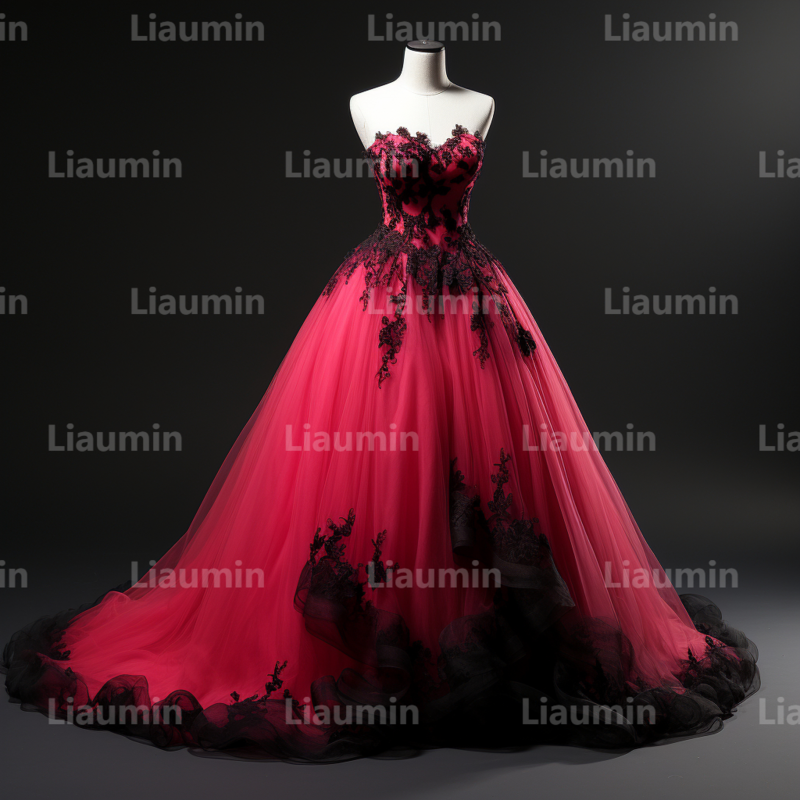 Rose Red Tulle And Black Strapless Evening Dress Prom Gowns A Line Full Length Formal Brithday Party Occasion Lace Up Back A2-4