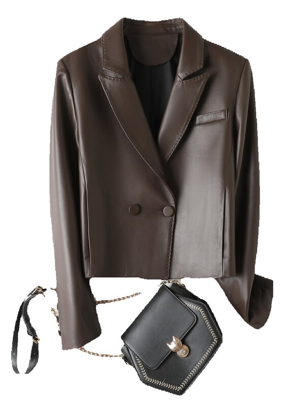 Кожаная куртка для женщин, новая весенняя куртка из натуральной кожи, куртка из чистой овчины, костюм шоколадного цвета