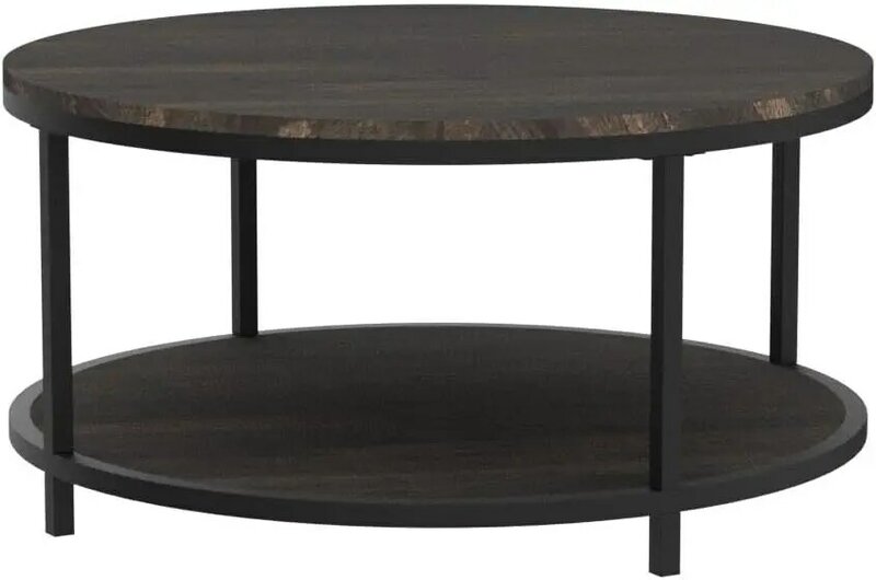 Круглый журнальный столик, деревянная поверхность в деревенском стиле, прочные металлические ножки, современный дизайн, мебель для дома с открытой полкой для хранения