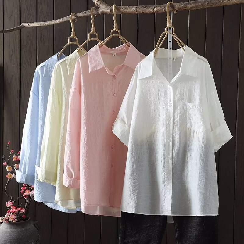 Blusas de manga comprida feminina, estilo japonês, camisas sólidas, roupas femininas, tops de tamanho grande, casuais, verão