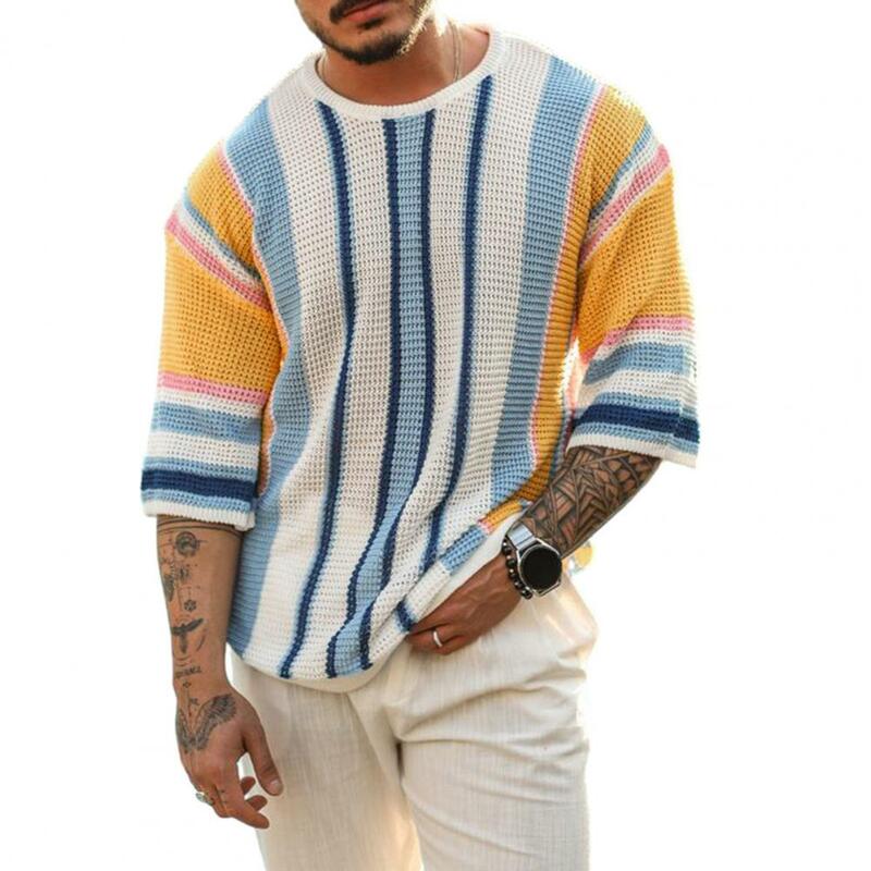 Men Sweater Striped Print Round Neck Knitted Men's Sweater Loose Pullover for Summer Fall Elastic Anti-shrink Half Sleeve