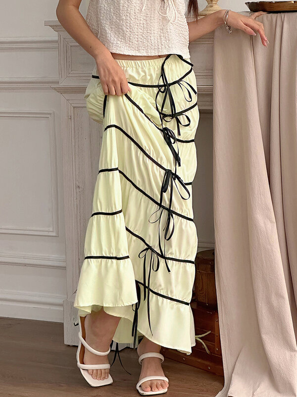 Женская летняя бежевая Милая юбка миди с контрастной эластичной талией и бантом, трапециевидная юбка, модная одежда для улицы