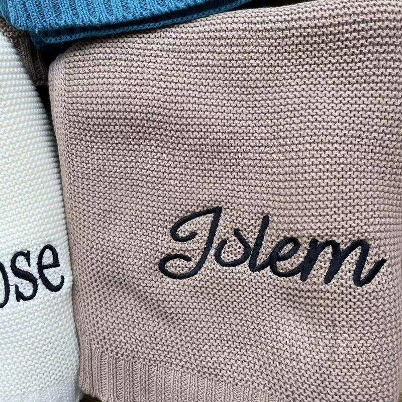 Вязаное одеяло с именем на заказ, детское одеяло с вышивкой, детская коляска, персонализированное одеяло для новорожденных мальчиков и девочек, детские подарки