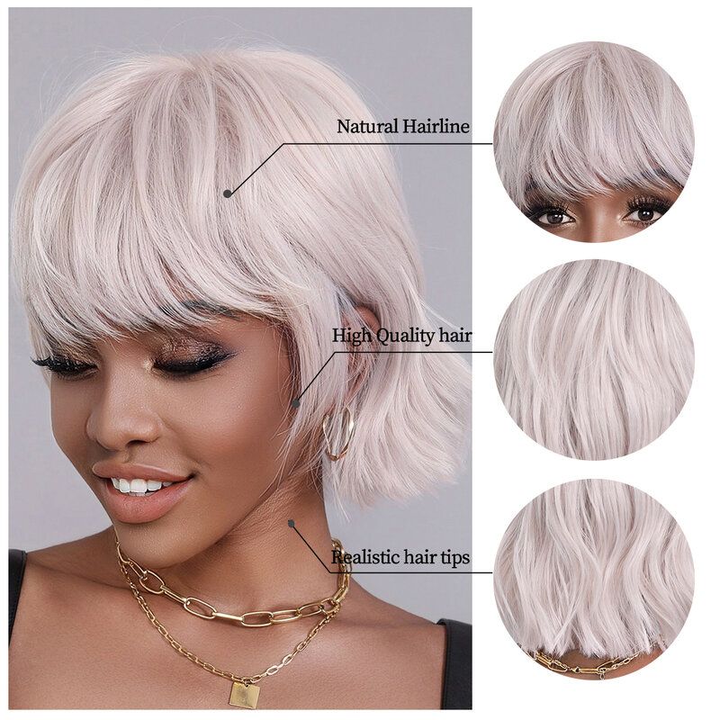Ombre Pink Silver Pixie Short Wigs for Black Women Cut Layer Wigs with Bangs Heat Resistant Synthetic Wig Party Daliy Use