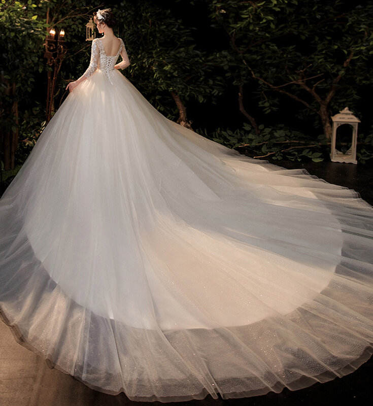 럭셔리 공주 웨딩 드레스, 2023 년 긴 소매 섹시한 v넥 로브 드 마리에 로얄 트레인 아플리케 성당 볼 가운