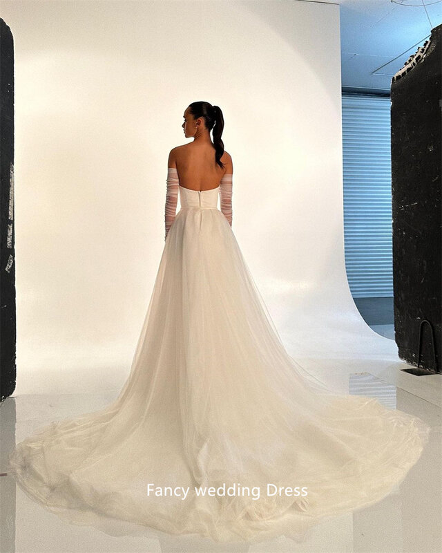 Gaun pernikahan elastis tanpa tali sederhana mewah dengan sarung tangan Tulle kereta lepas pasang Lengan gaun pengantin gaun pengantin Vestido de noiva 2024