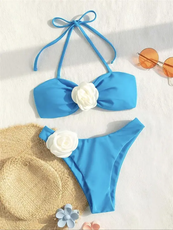 บิกินี่แบบผ้าพันเซ็กซี่สำหรับผู้หญิง2024ชุดว่ายน้ำบิกินี่ดันทรงลายดอกไม้3D พื้นชุดว่ายน้ำแบบสายเดี่ยวสำหรับฤดูร้อน