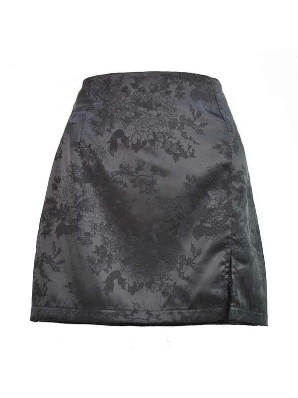 Женская Короткая атласная юбка, элегантная жаккардовая короткая юбка с высокой талией и разрезом, винтажная юбка-мини на молнии на лето
