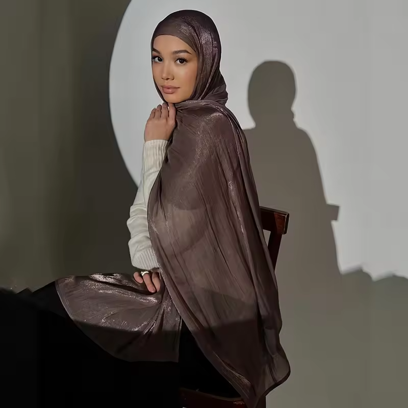 Premium Muslim Pleated Shimmer Chiffon Hijab Malaysian Women Long Shawl Chiffon Crinkle Shawl Female Islamic Headscarf