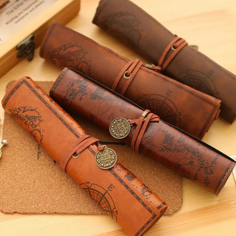 1 buah tas kantong pensil peta harta karun Retro kreatif kulit PU tas pena gulung untuk perlengkapan alat tulis tas kosmetik