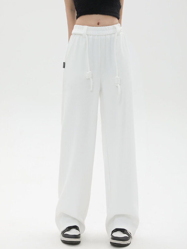 Pantalones de chándal de cintura alta para mujer, pantalón de pierna ancha con cordón, informal, holgado, moda coreana, ropa de calle gris Y2K, 2023