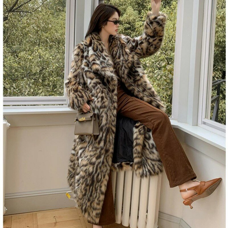 Hochwertiges Winter tier Leopard Kunst pelz extra langer Mantel voller Ärmel lose warme zottelige Jacke lose Oberbekleidung