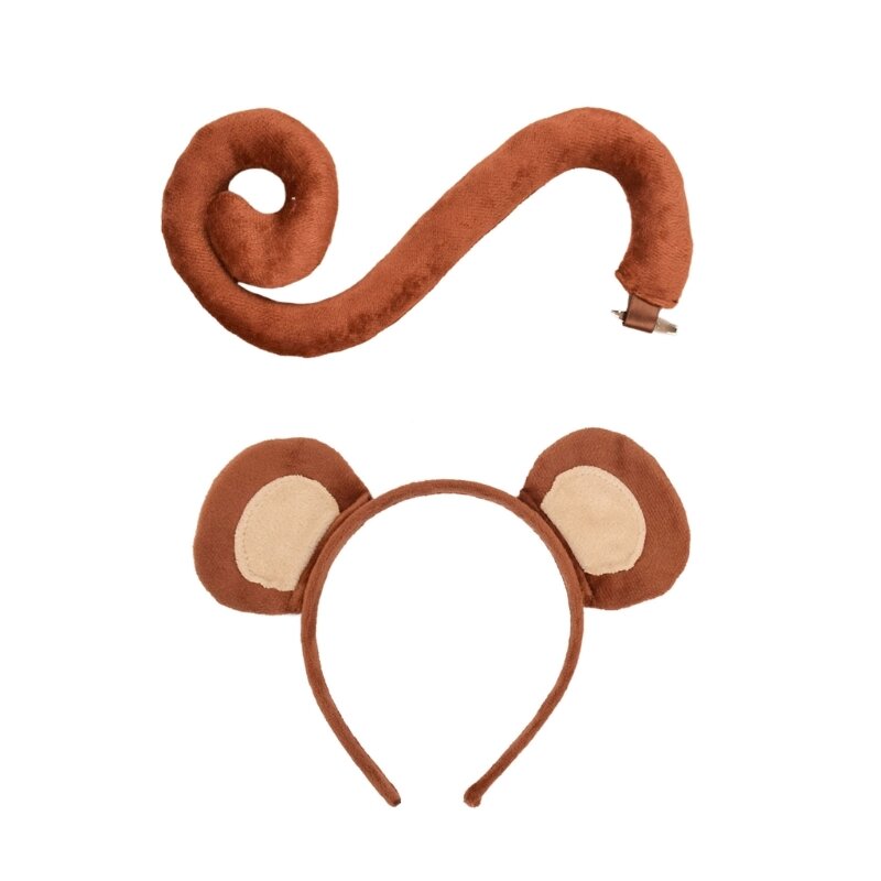 Set kostum Cosplay hewan lucu ikat kepala telinga monyet ekor mewah untuk Halloween