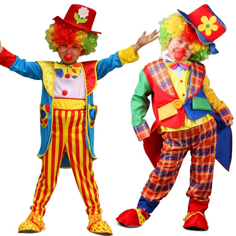 Carnival Children Circus Clown Costume With Wig Shoes Boy Girls Fantasia Cosplay Birthday Party Fancy Dress