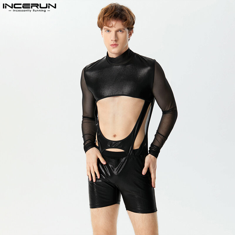 Incerun Heren Bodysuits Glanzend Mesh Patchwork Uitgehold Sexy Coltrui Lange Mouw Heren Rompertjes Streetwear 2024 Mode Playsuits