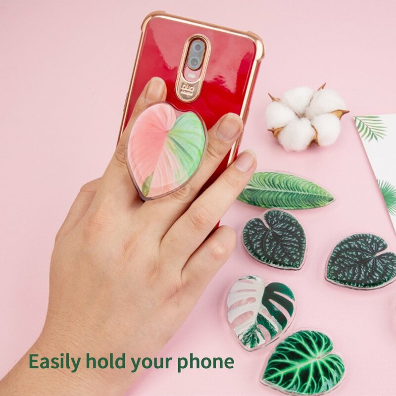 Soporte para teléfono móvil con forma de hoja de simulación, accesorio elástico y plegable, bonito y brillante, con anillo para dedo y enchufe