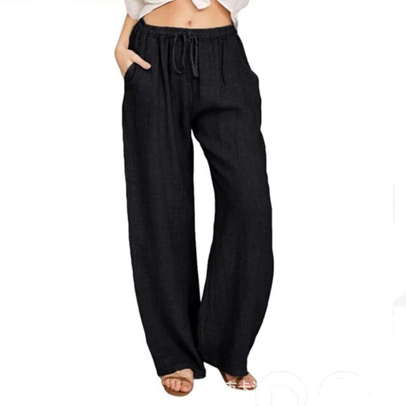 Comfortable Women's Drawstring Waist Plus Size Wide Leg Pants Solid Color Casual Loose Trousers (80 characters)