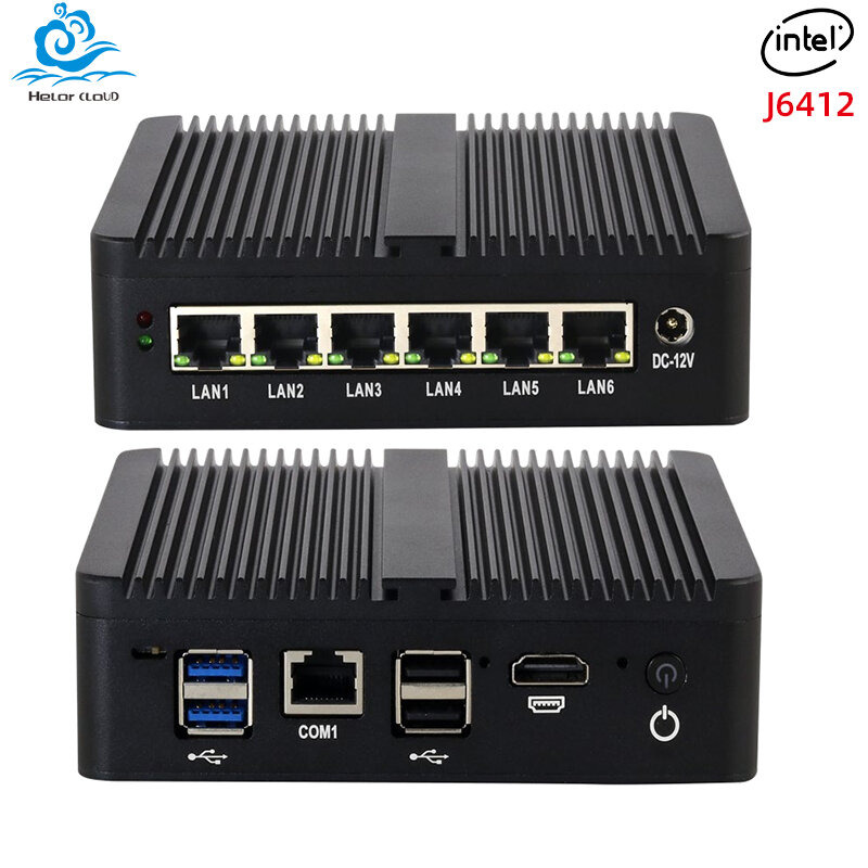 Mini PC Fanless Intel Celeron, J6412, 6 Gigabit Ethernet, Win10, 11, Firewall, Linux, Ubuntu, Óptico, Soft Router