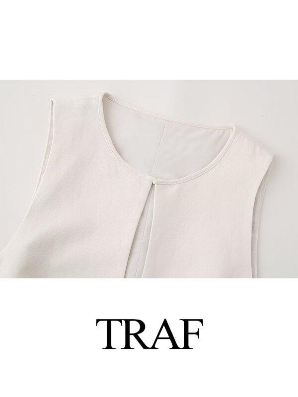 Traf 2024ใหม่แฟชั่นฤดูร้อนของผู้หญิงเสื้อคอกลมแขนกุดกลวงออกลูกไม้ตกแต่งสตรีทแวร์เสื้อกั๊ก