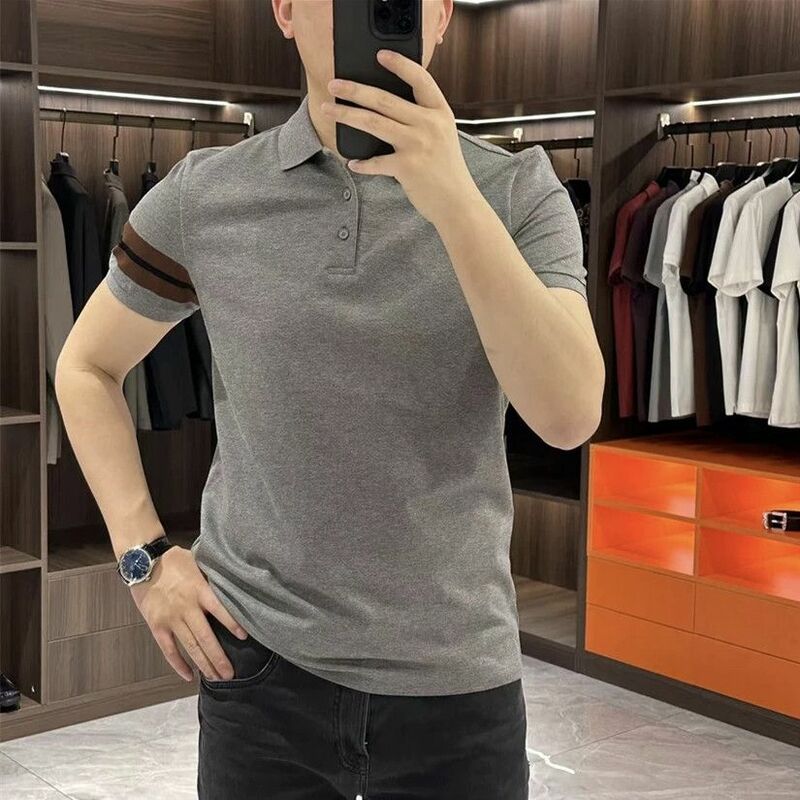 Korean Clothing Smart Casual Slim Polo Shirts Summer Men Streetwear Fashion Stripe Short Sleeve Business Social Versatile Tops