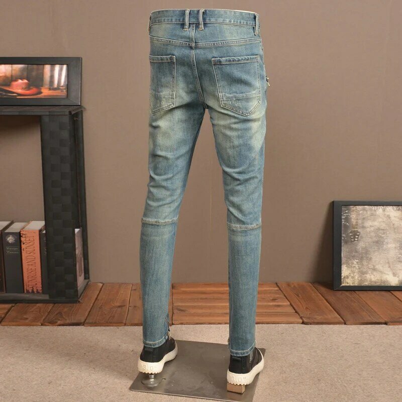 Jeans jeans azul lavado retrô masculino, calça de motociclista, ajuste magro, emendado, moda de rua, designer, hip hop, zíper