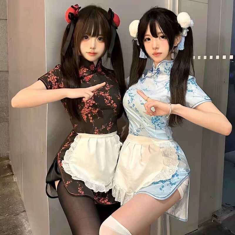 Gaun gaya Tiongkok gaun celemek pelayan Lolita koki kecil Set gaun Qipao Tiongkok baru Cheongsam seksi wanita