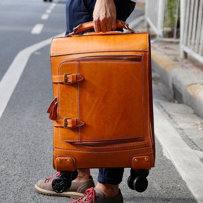 女性と男性のための本革のキャビンスーツケース,荷物付きの大きなトラベルバッグ,車輪付きの20インチ